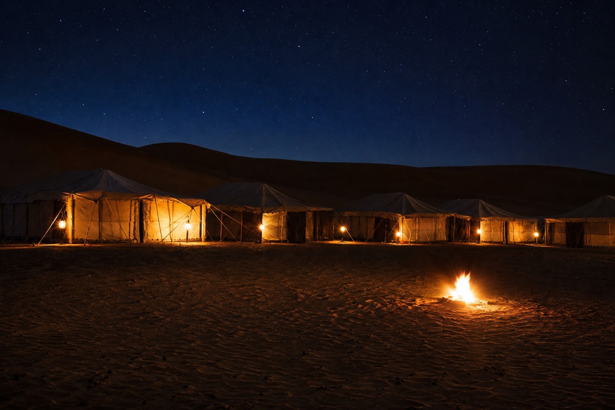 A desert camp lit up after dark in Wahiba Sands