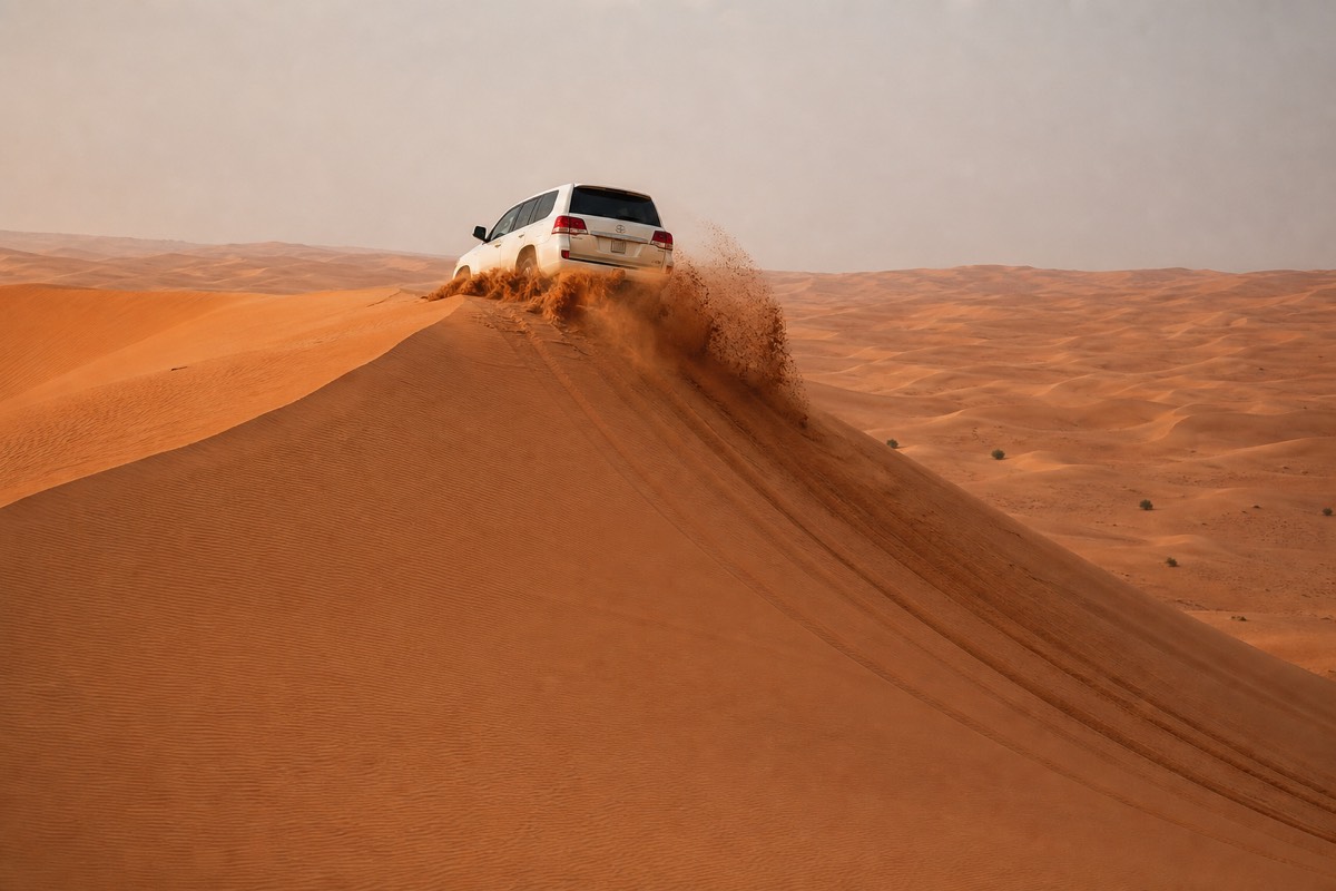 A 4x4 cresting a dune on a Wahiba Sands dune-bashing drive