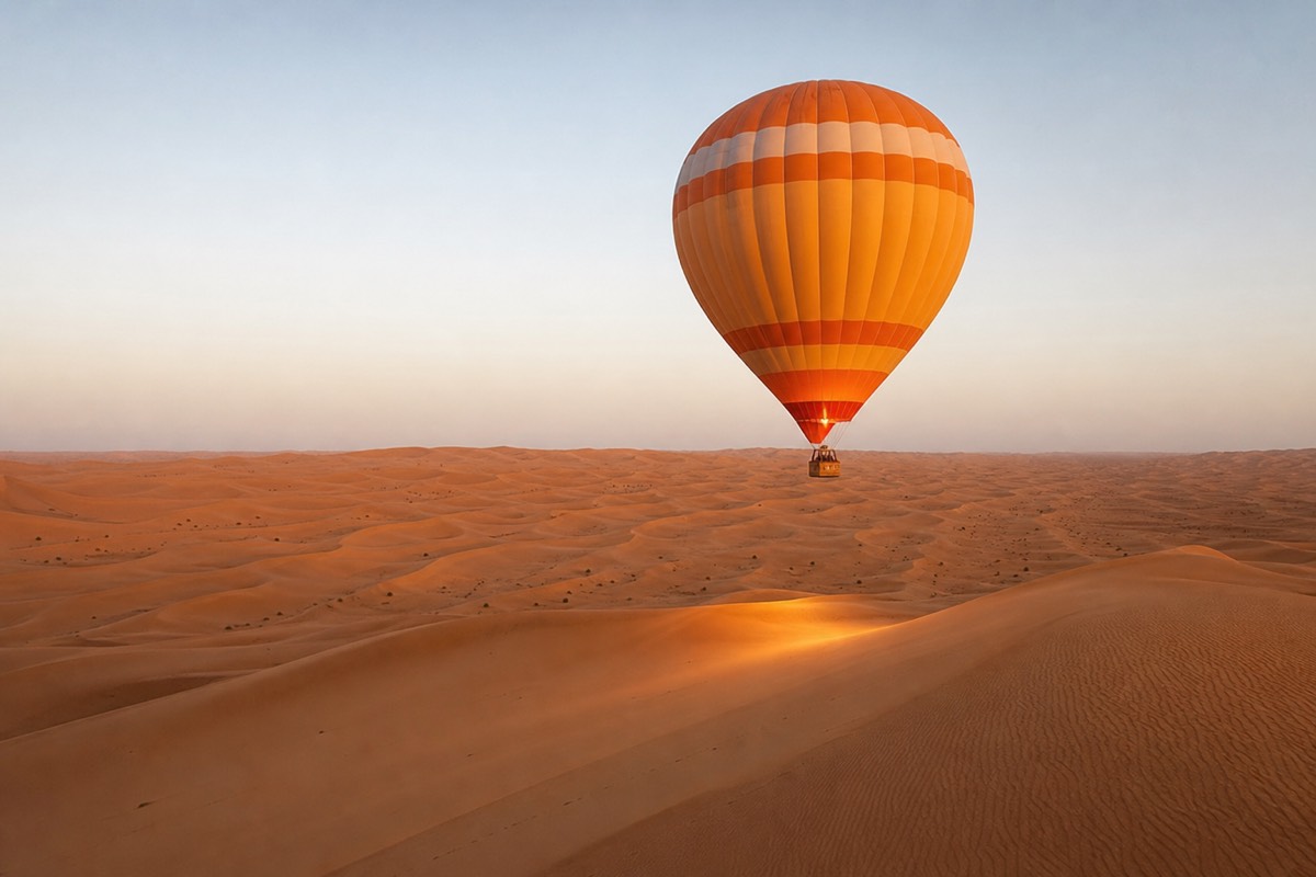 A hot-air balloon drifting over the dunes of Wahiba Sands at dawn